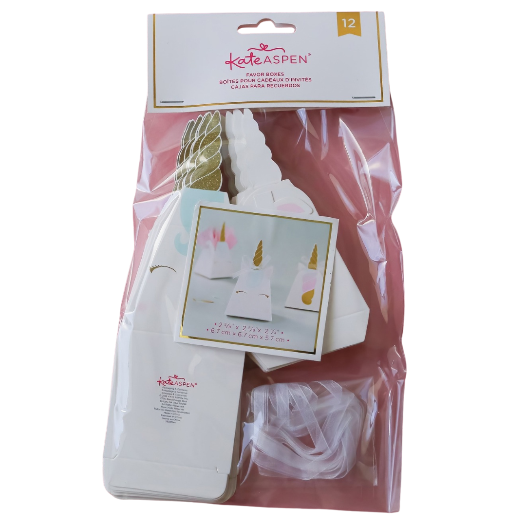 White unicorn favor box with gold horn and pink details for birthday from Parte Haus party supply store in Bethesda MD.