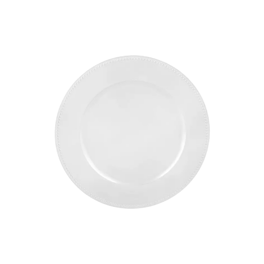 White beaded round plastic charger plate with decorative edge for table setting from Parte Haus party supply store in Bethesda MD