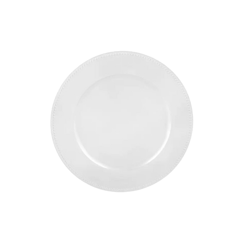 White beaded round plastic charger plate with decorative edge for table setting from Parte Haus party supply store in Bethesda MD