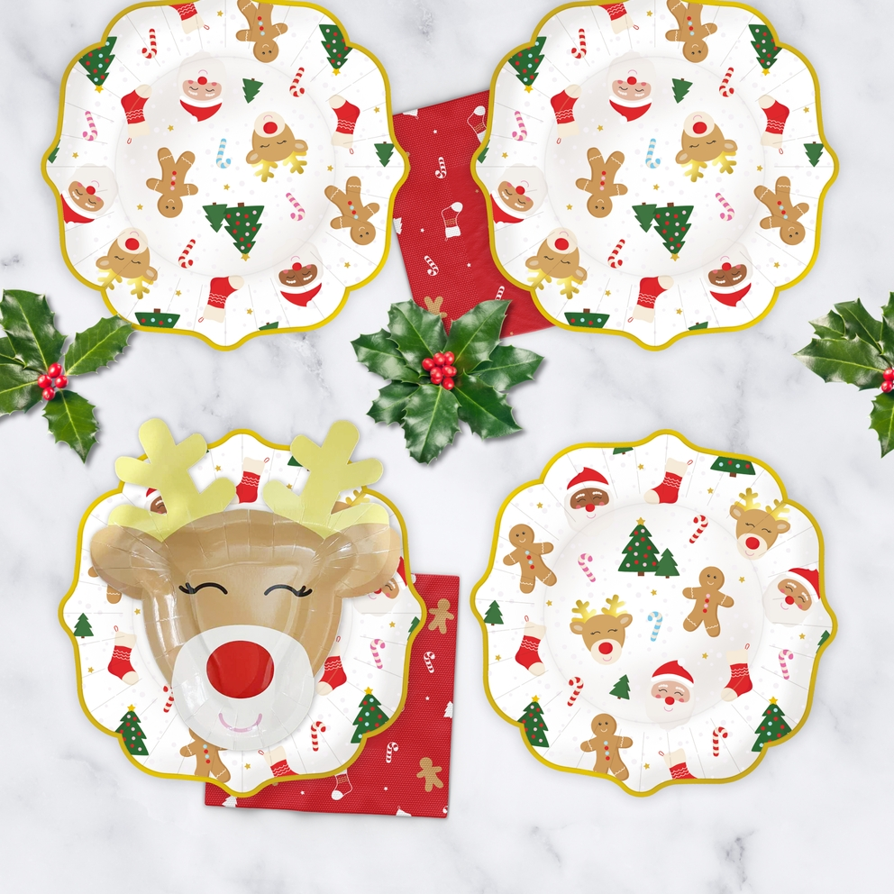 White red and green Christmas icon plates with festive designs for holiday from Parte Haus party supply store in Bethesda MD