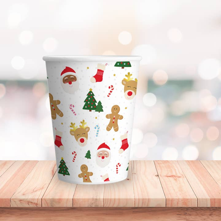 White red and green Christmas cup with festive icons for holiday from Parte Haus party supply store in Bethesda MD