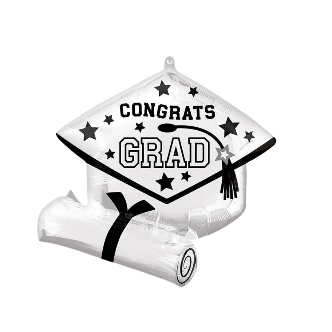 White graduation cap and diploma balloon with stars for graduation from Parte Haus party supply store in Bethesda MD