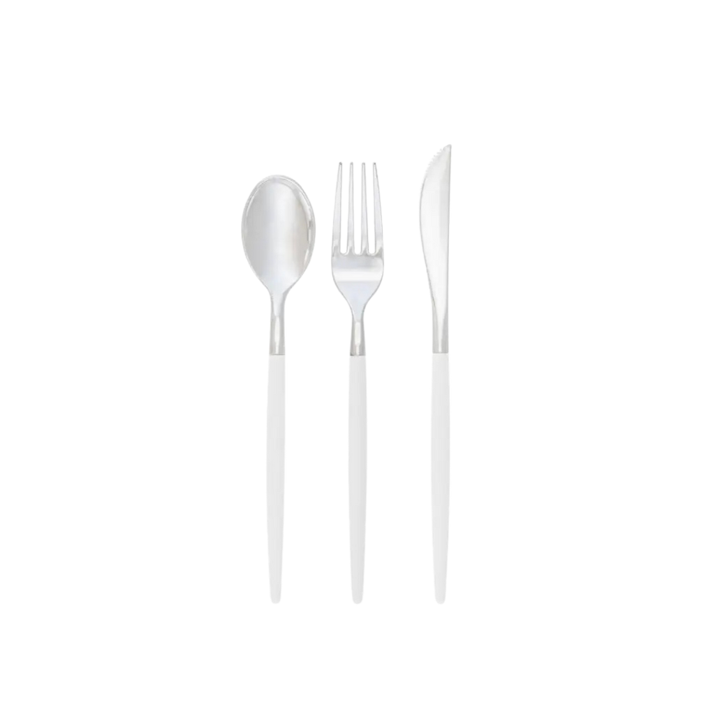 White silver plastic cutlery set with spoon fork knife for events from Parte Haus party supply store in Bethesda MD