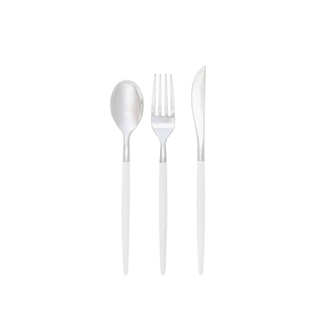 White silver plastic cutlery set with spoon fork knife for events from Parte Haus party supply store in Bethesda MD