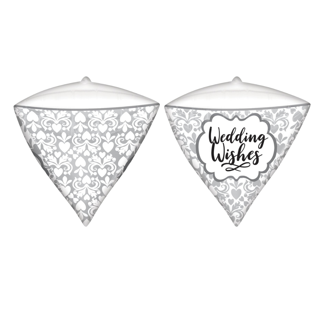 White diamond foil balloon with elegant flourish and Wedding Wishes text wedding theme from Parte Haus party supply store in Bethesda Maryland