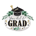 White graduation foil balloon with grad cap leaves and gold stars for graduation from Parte Haus party supply store in Bethesda MD