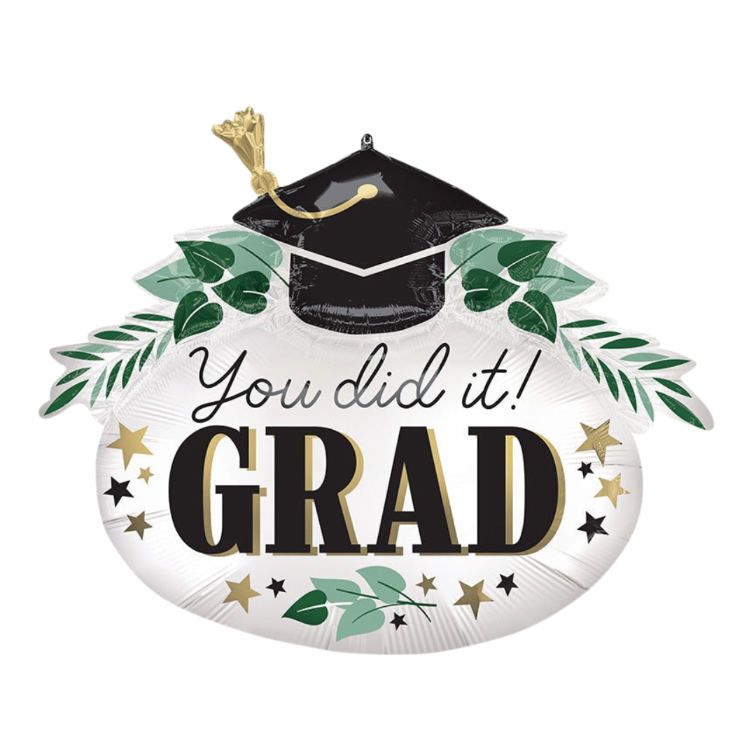 White graduation foil balloon with grad cap leaves and gold stars for graduation from Parte Haus party supply store in Bethesda MD