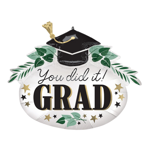 White graduation foil balloon with grad cap leaves and gold stars for graduation from Parte Haus party supply store in Bethesda MD