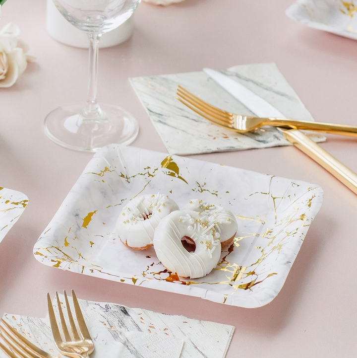 White and Gold Marbled Square Small Appetizer Dessert Paper Plates