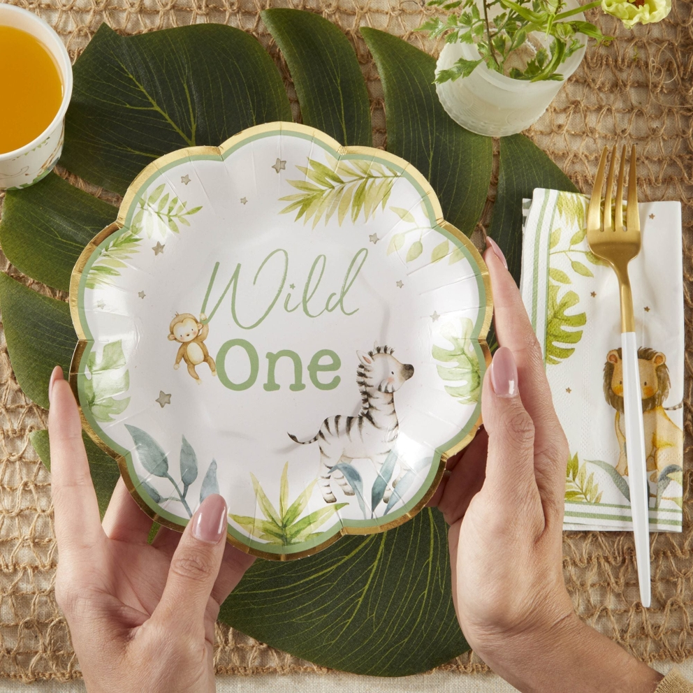 White and green scalloped appetizer plate with jungle animals safari birthday from Parte Haus party supply store in Bethesda MD