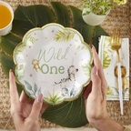 White and green scalloped appetizer plate with jungle animals safari birthday from Parte Haus party supply store in Bethesda MD