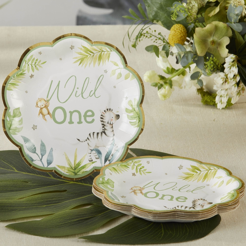 White and green safari baby scalloped appetizer dessert plates with zebra and monkey first birthday from Parte Haus party supply store in Bethesda Maryland