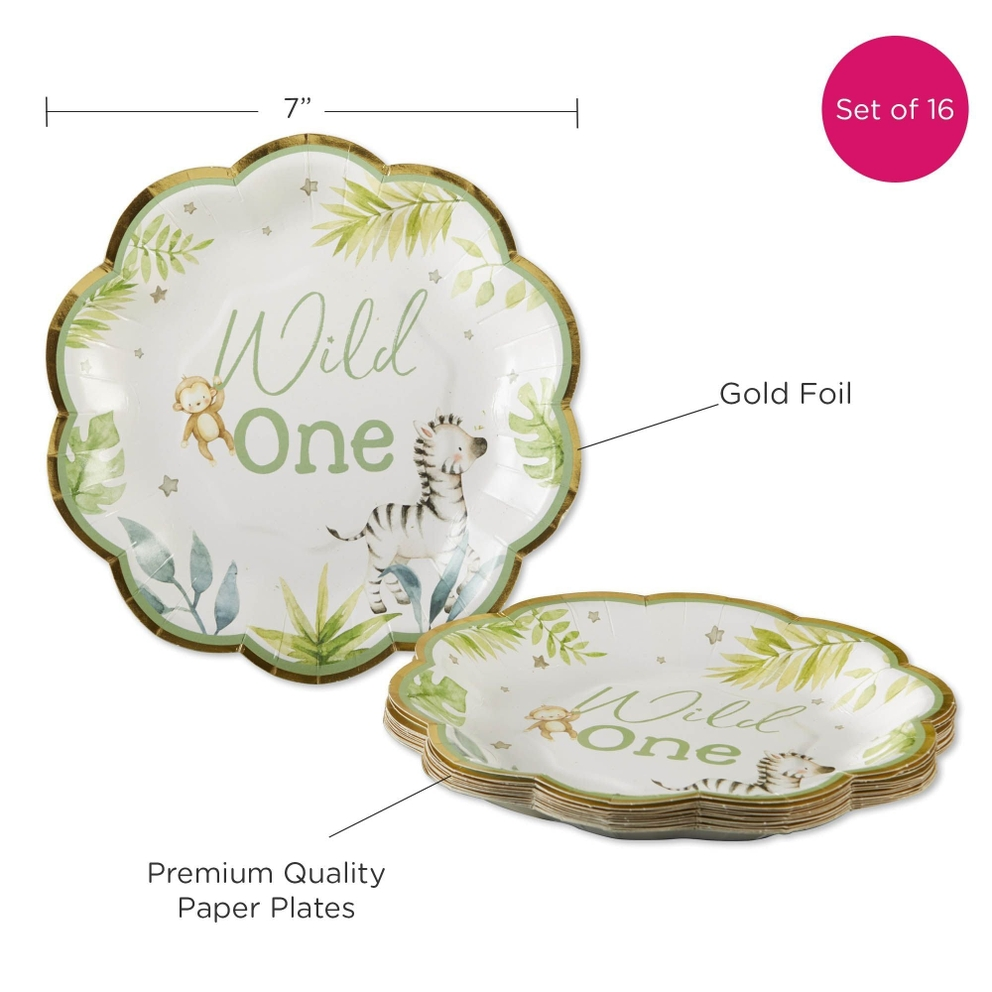 White and green safari baby scalloped appetizer dessert plates with zebra and monkey design Wild One birthday from Parte Haus party supply store in Bethesda MD