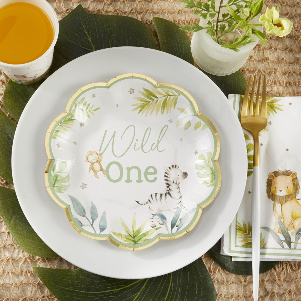 White and green scalloped safari animal appetizer plate for first birthday from Parte Haus party supply store in Bethesda Maryland