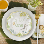 White and green scalloped safari animal appetizer plate for first birthday from Parte Haus party supply store in Bethesda Maryland