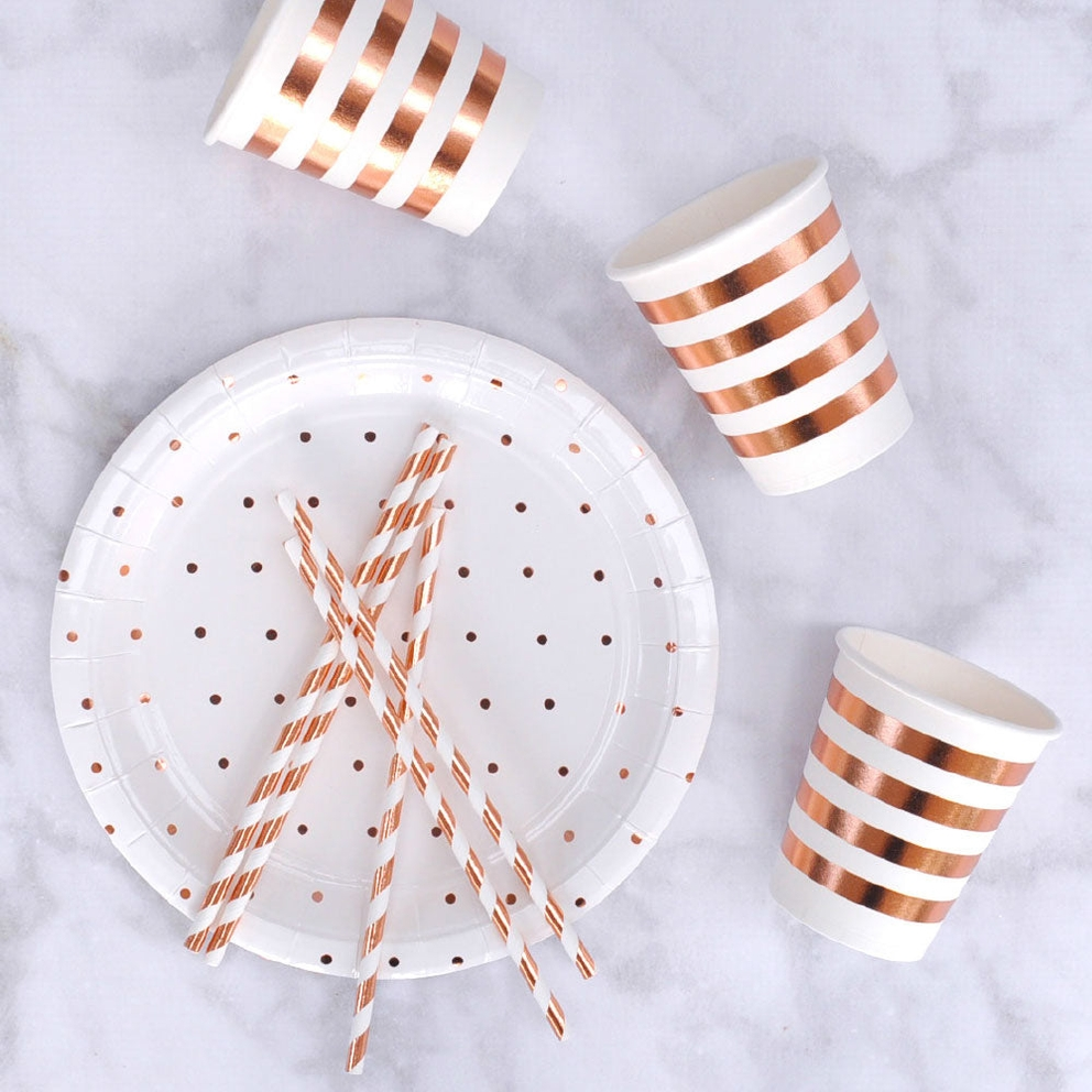 White and rose gold dinner plate with matching striped paper cups and straws from Parte Haus party supply store in Bethesda MD