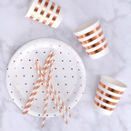 White and rose gold dinner plate with matching striped paper cups and straws from Parte Haus party supply store in Bethesda MD