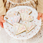 White and rose gold polka dot large dinner plate stylish birthday theme from Parte Haus party supply store in Bethesda MD