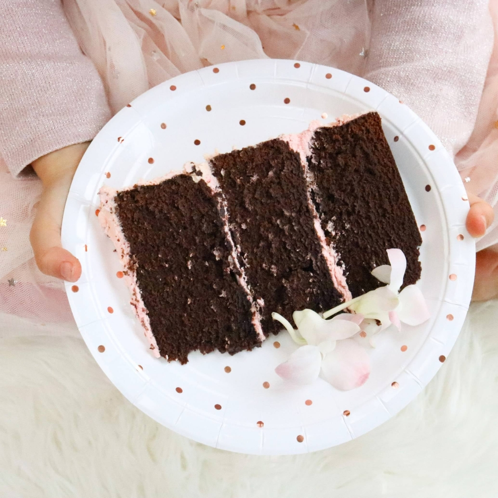 White and rose gold large dinner plate with cake elegant birthday from Parte Haus party supply store in Bethesda MD