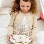 White and rose gold large dinner plate with metallic dots birthday celebration from Parte Haus party supply store in Bethesda MD