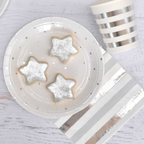 White and silver small appetizer dessert plate with star cookies for celebrations from Parte Haus party supply store in Bethesda MD