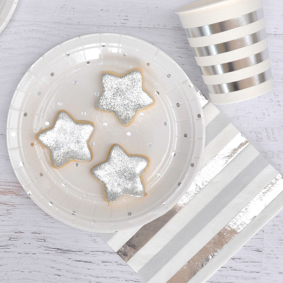 White and silver small appetizer dessert plate with star cookies for celebrations from Parte Haus party supply store in Bethesda MD