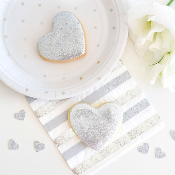 White and silver dots appetizer dessert plate with heart cookie wedding from Parte Haus party supply store in Bethesda MD
