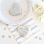 White and silver dots appetizer dessert plate with heart cookie wedding from Parte Haus party supply store in Bethesda MD