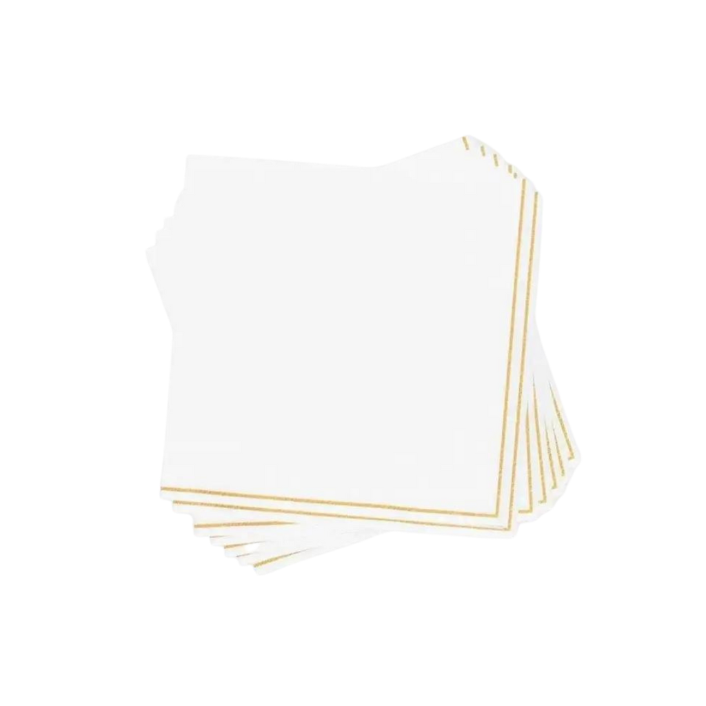 White with gold stripe lunch napkins elegant border detail from Parte Haus party supply store in Bethesda Maryland
