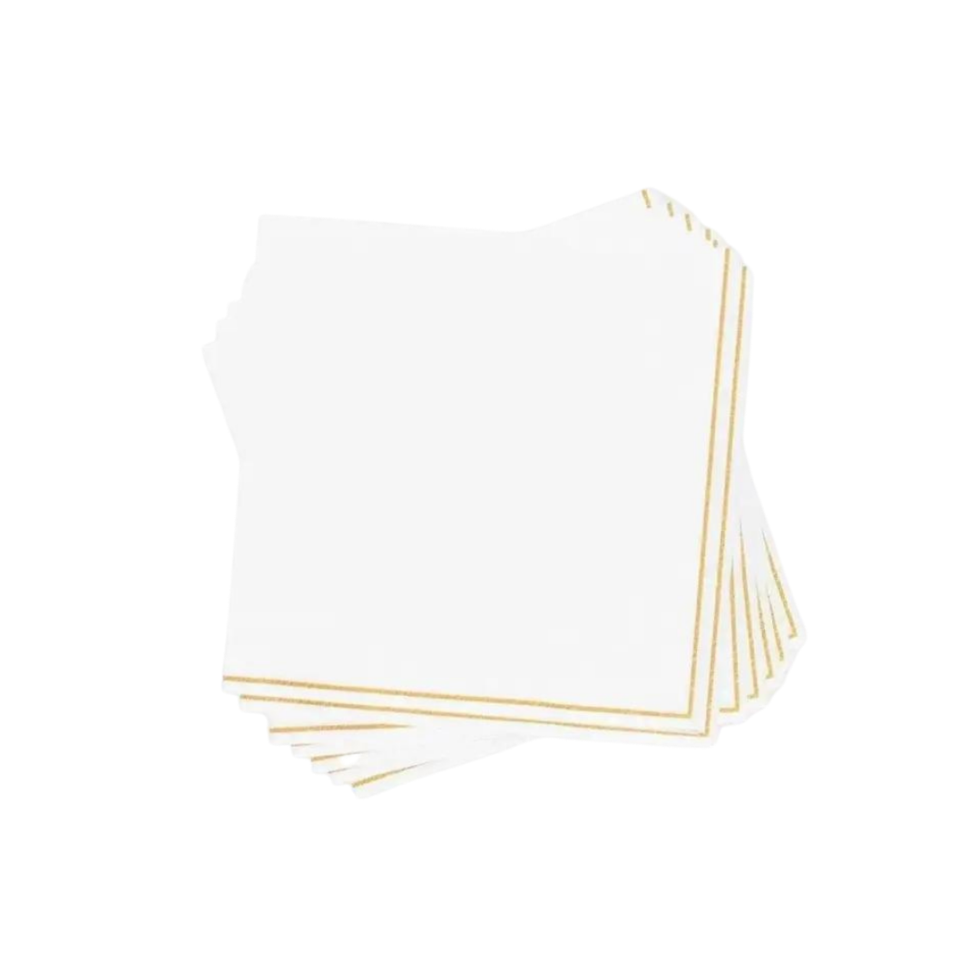 White with gold stripe lunch napkins elegant border detail from Parte Haus party supply store in Bethesda Maryland