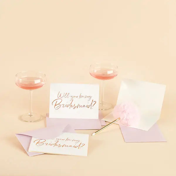 Lavender and gold bridesmaid proposal cards with pink drinks wedding from Parte Haus party supply store in Bethesda MD