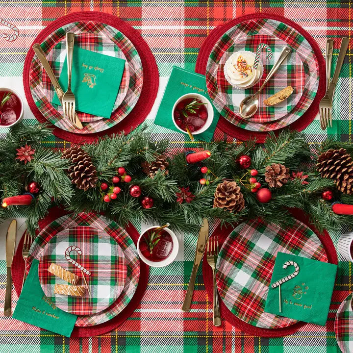 Red green plaid tablecloth and Christmas holiday table decor from Parte Haus party supply store in Bethesda MD