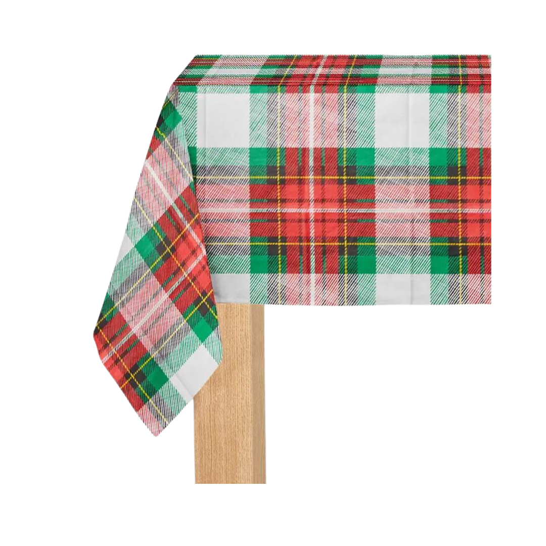 Red green winter plaid tablecloth classic holiday from Parte Haus party supply store in Bethesda Maryland