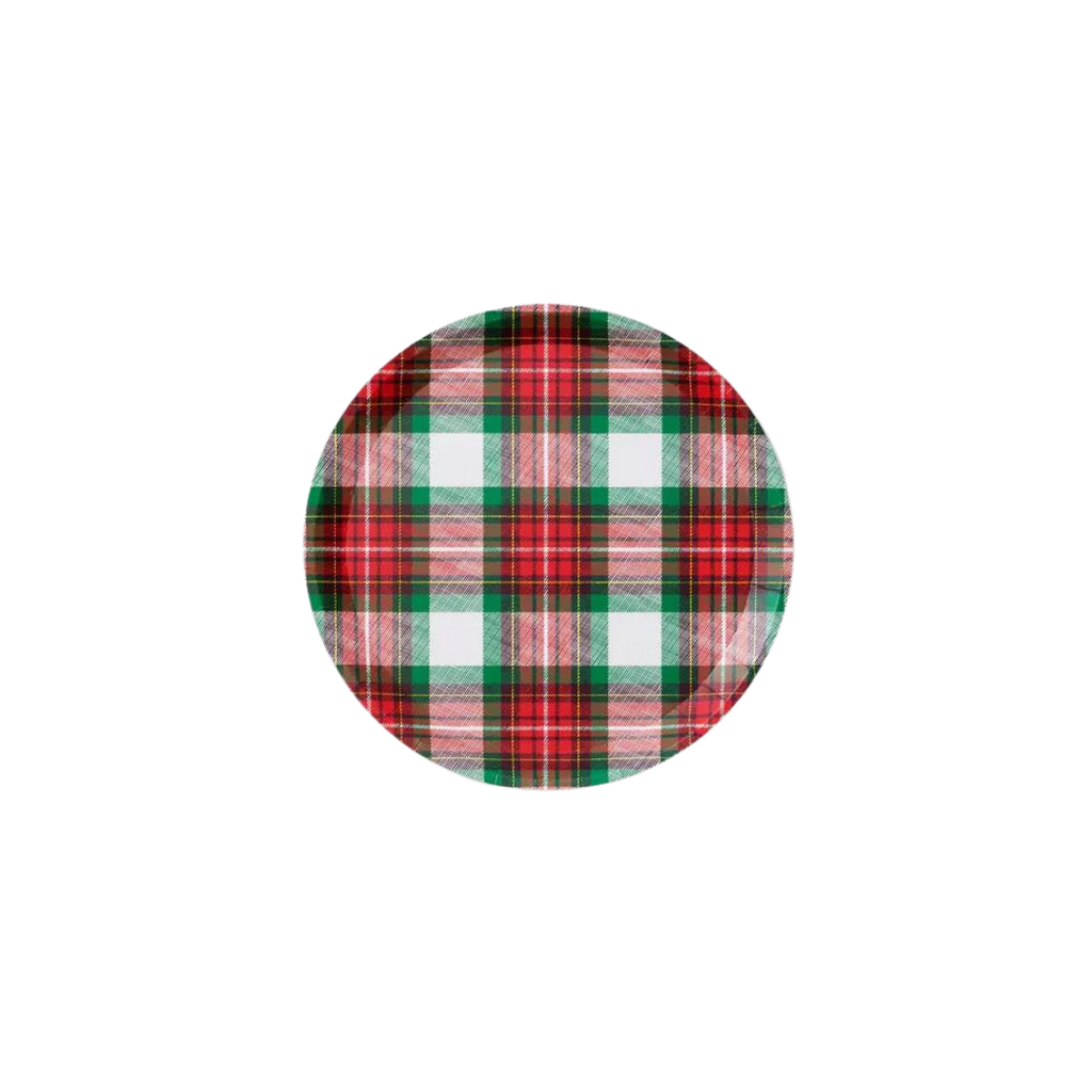Red green plaid large plate with winter holiday design from Parte Haus party supply store in Bethesda MD