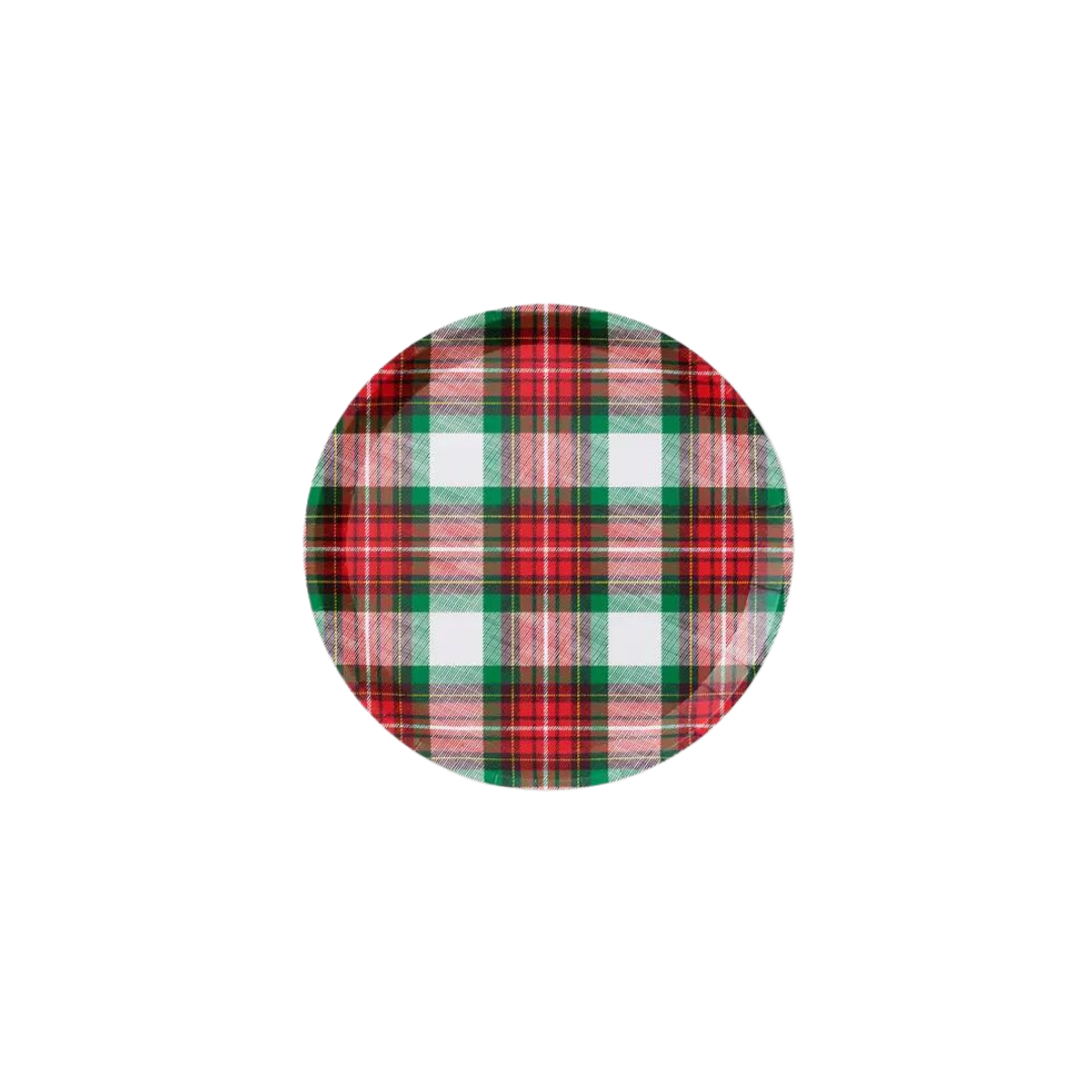 Red green plaid large plate with winter holiday design from Parte Haus party supply store in Bethesda MD