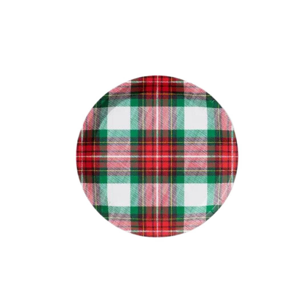 red and green plaid small plate with festive winter design for holiday from Parte Haus party supply store in Bethesda MD