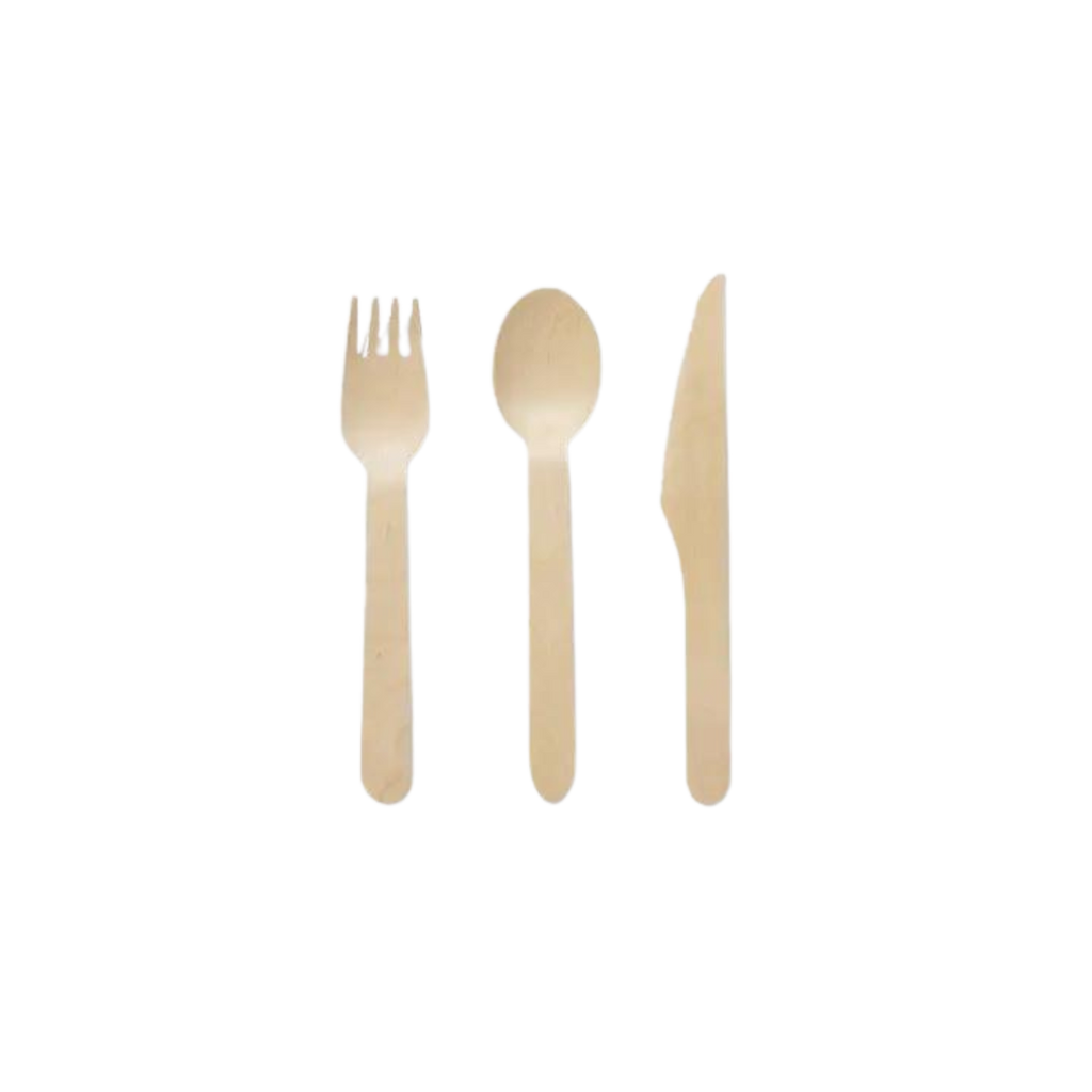 Natural wood cutlery set with fork spoon and knife for casual events from Parte Haus party supply store in Bethesda Maryland