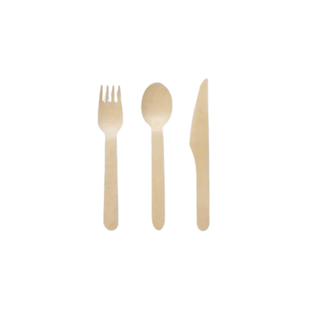 Natural wood cutlery set with fork spoon and knife for casual events from Parte Haus party supply store in Bethesda Maryland