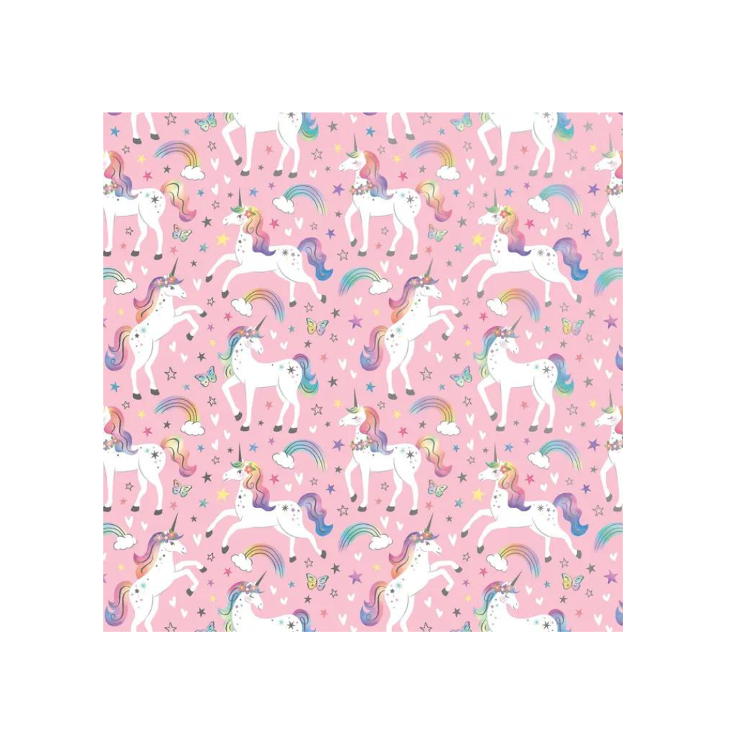 Rainbow unicorn gift wrap roll pink with unicorn and rainbow pattern birthday theme from Parte Haus party supply store in Bethesda MD