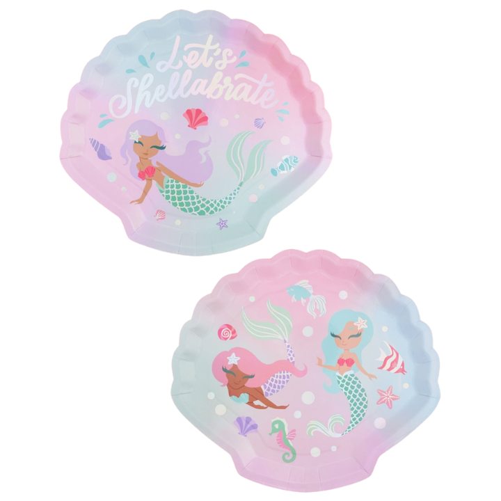 Pastel mermaid shell shaped paper plates with cute mermaid designs under the sea theme from Parte Haus party supply store in Bethesda MD