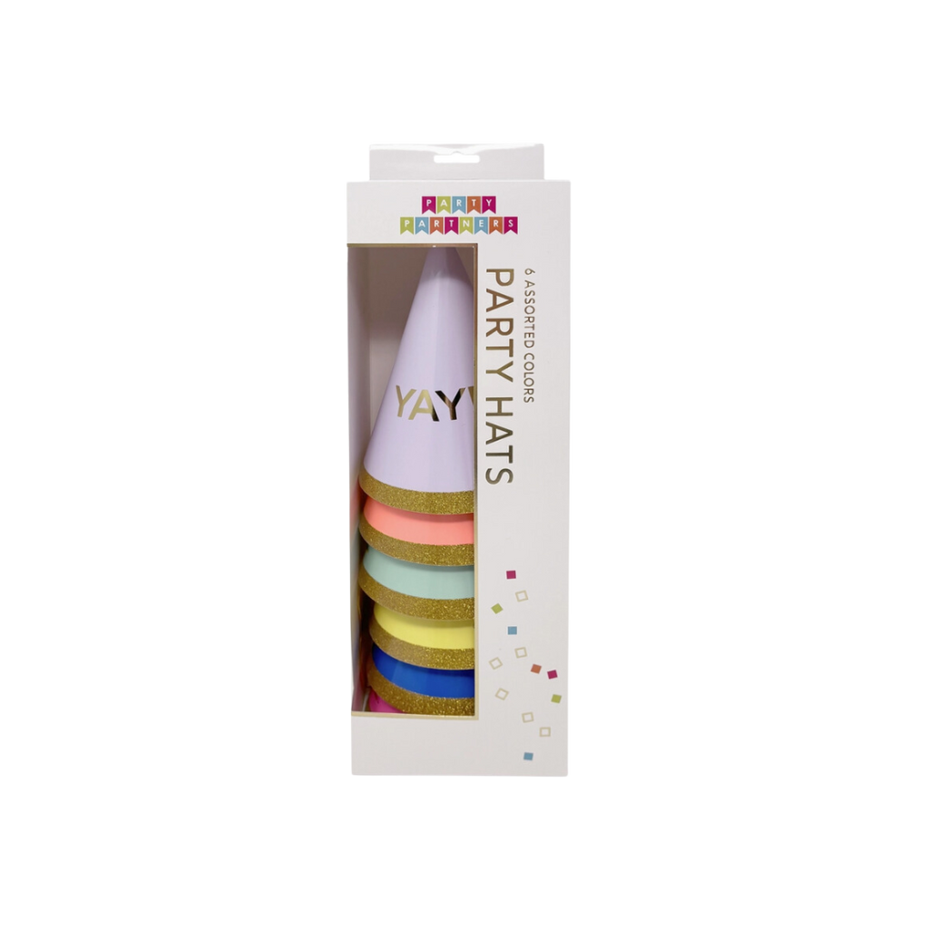 Pastel rainbow party hats with gold trim fun celebration theme from Parte Haus party supply store in Bethesda MD