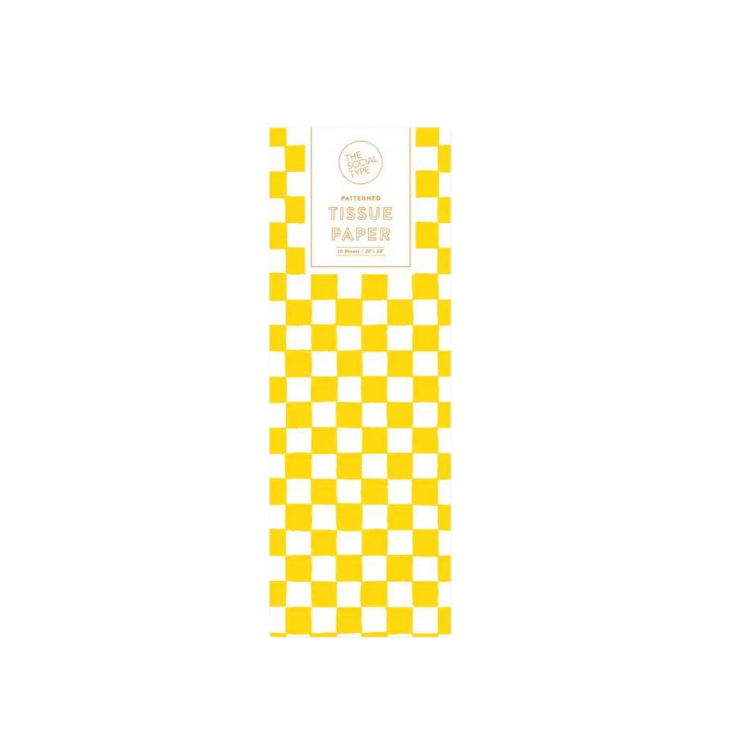Yellow checker tissue paper pack with bold squares for birthday celebration from Parte Haus party supply store in Bethesda MD.
