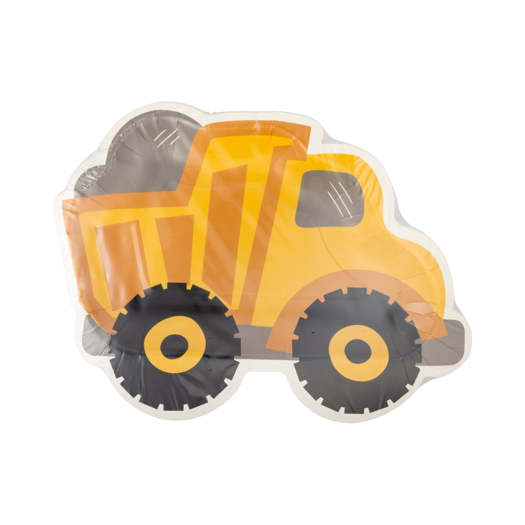Yellow construction truck shaped plate for kids birthday from Parte Haus party supply store in Bethesda MD
