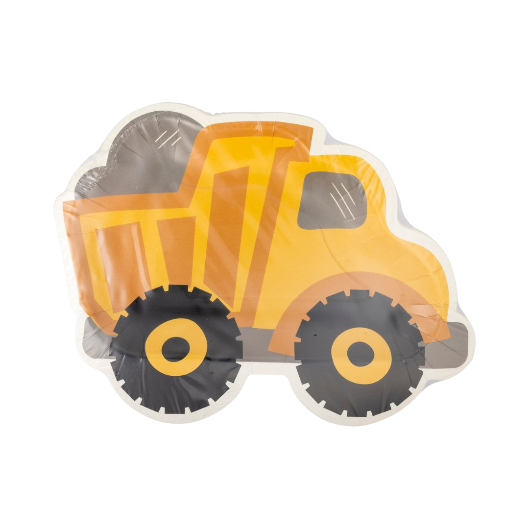 Yellow construction truck shaped plate for kids birthday from Parte Haus party supply store in Bethesda MD