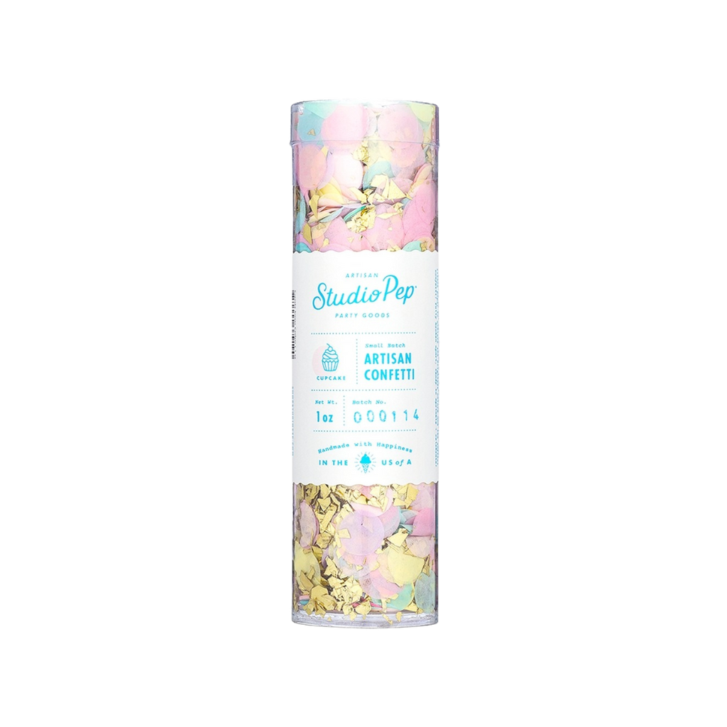 Yellow cupcake artisan confetti in clear tube for birthday celebrations from Parte Haus party supply store in Bethesda Maryland