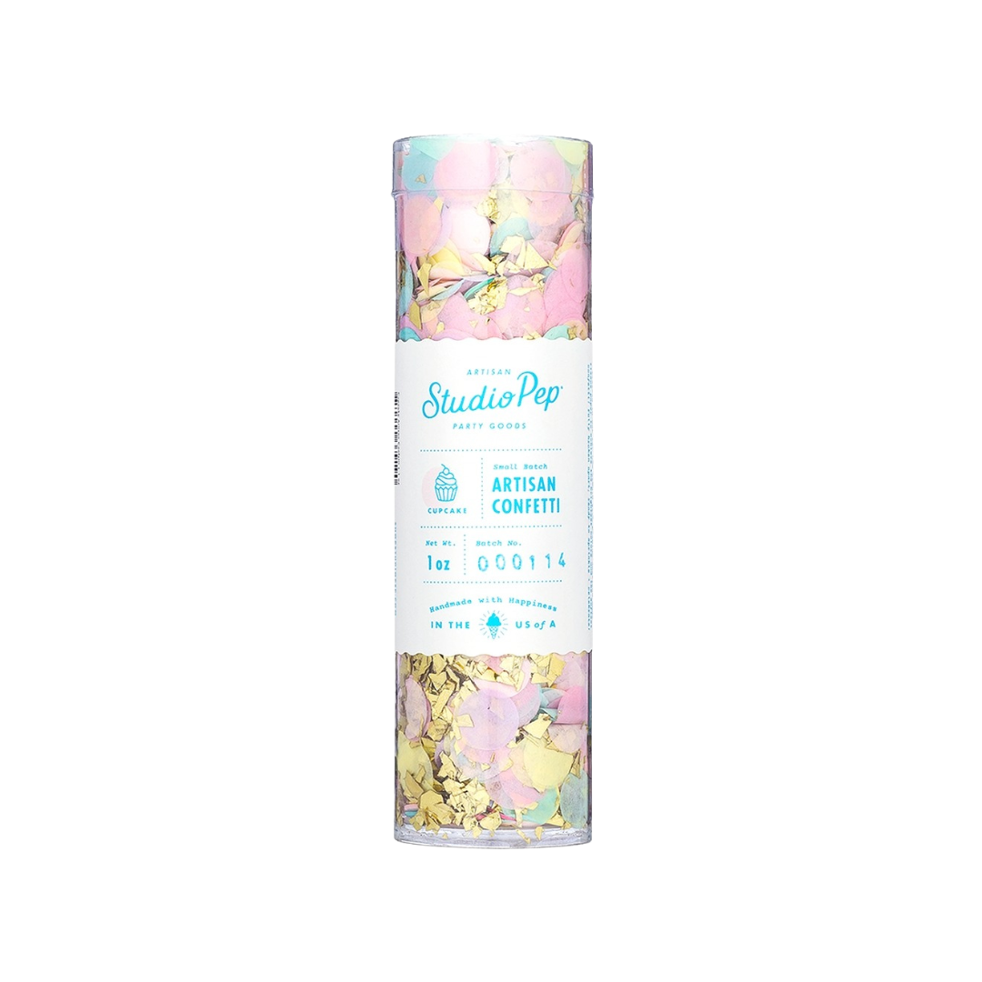 Yellow cupcake artisan confetti in clear tube for birthday celebrations from Parte Haus party supply store in Bethesda Maryland