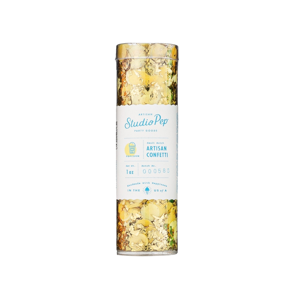 Yellow popcorn artisan confetti in clear mini pack for celebrations from Parte Haus party supply store in Bethesda Maryland