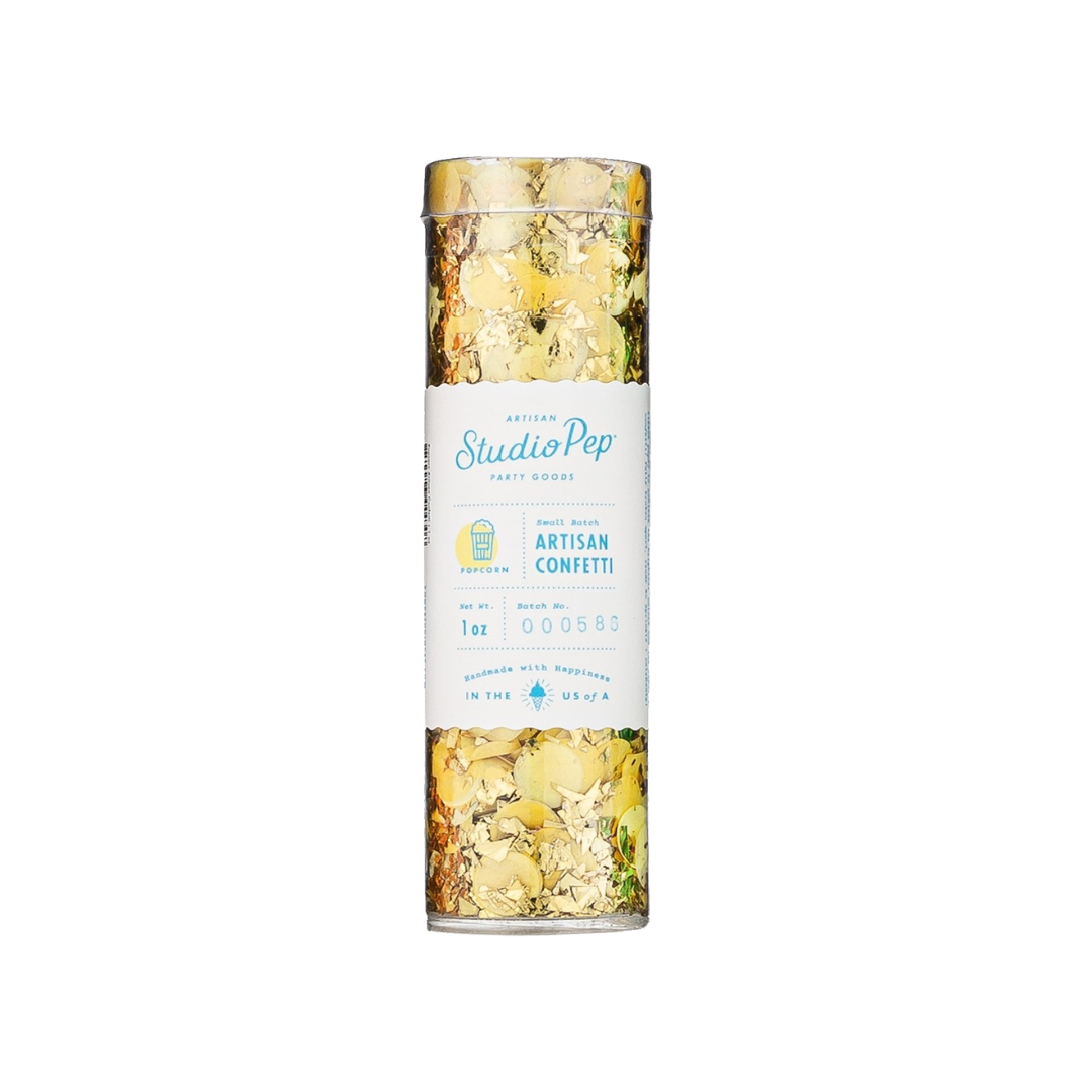 Yellow popcorn artisan confetti in clear mini pack for celebrations from Parte Haus party supply store in Bethesda Maryland