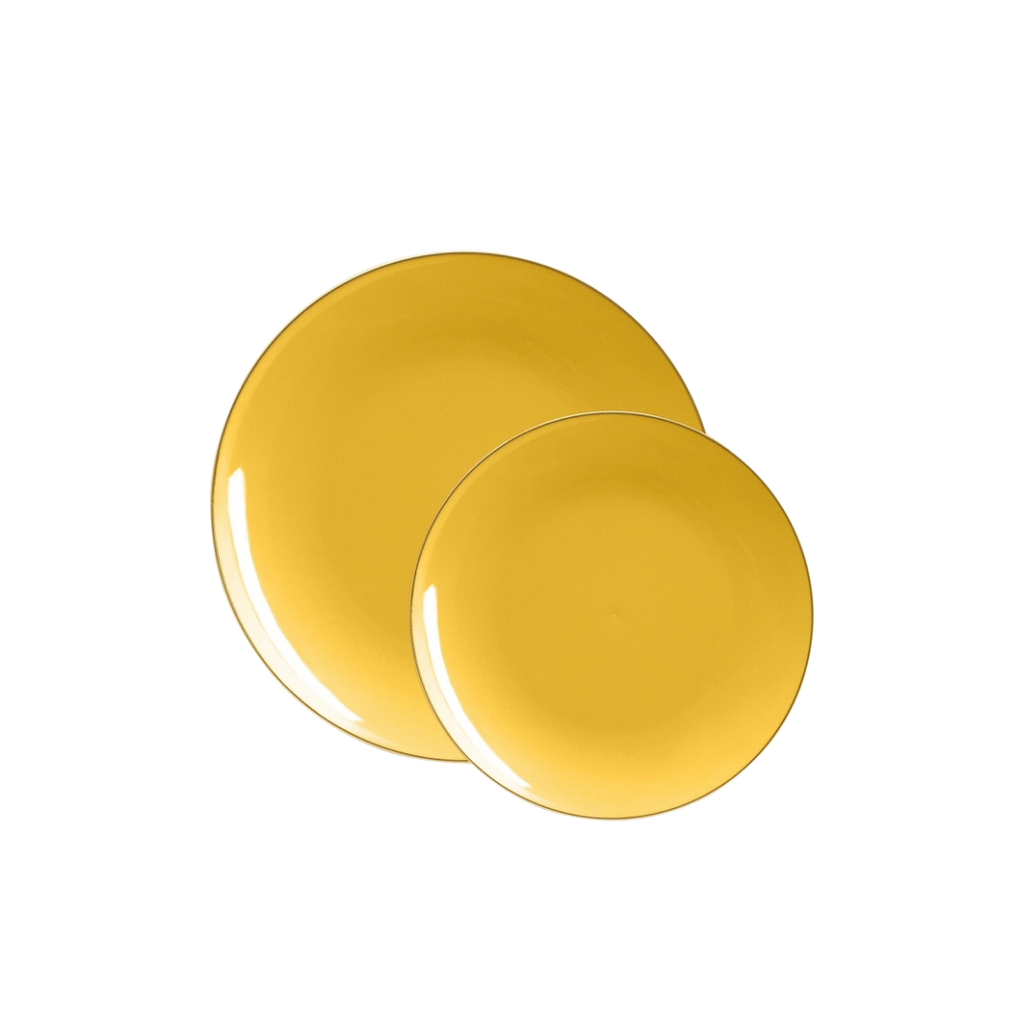 Yellow gold round plastic plates with shiny finish for dinner events from Parte Haus party supply store in Bethesda Maryland