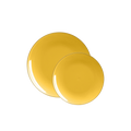 Yellow gold round plastic plates with shiny finish for dinner events from Parte Haus party supply store in Bethesda Maryland